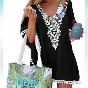 Adreamly Women's Pom Pom Trim Kaftan Chiffon Swimwear Beach Cover Up